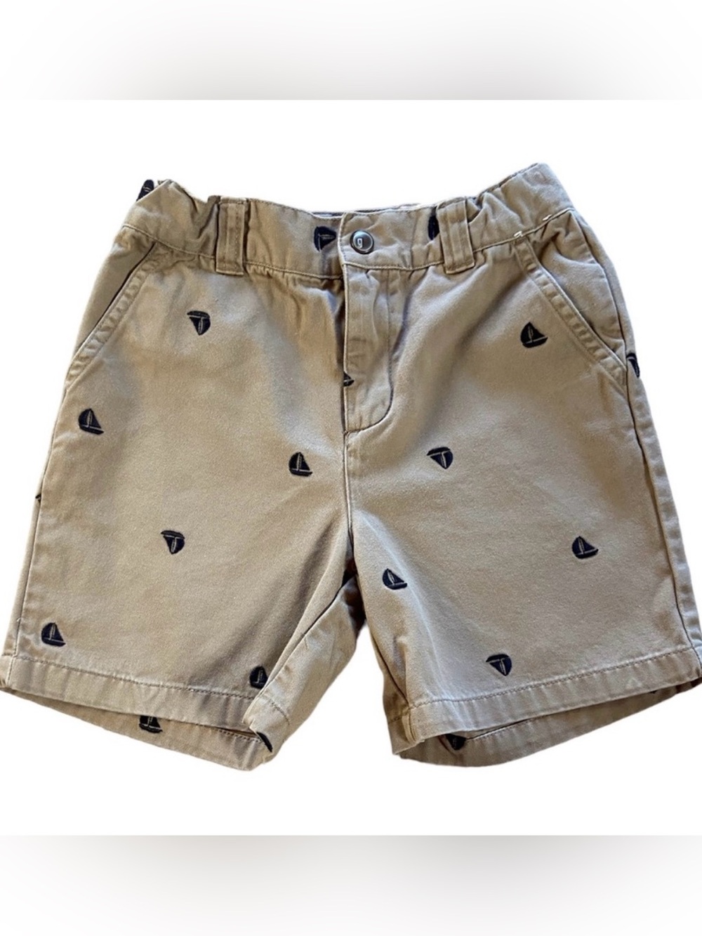 Gymboree Cotton Khaki Shorts Tan Blue Sailboat Embroidery Adjustable Waist 5T